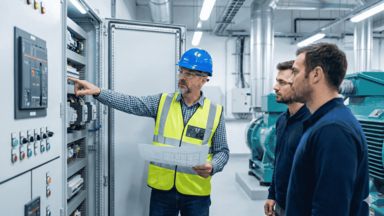 experienced supervisor in a modern industrial environment, guiding his team.