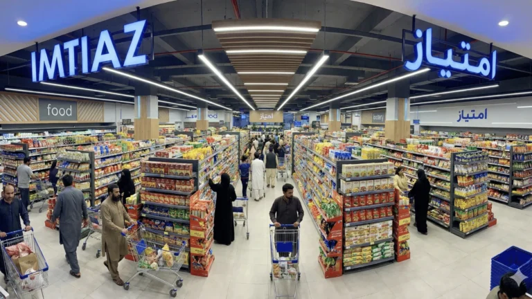 Wide view of a bustling Imtiaz Group supermarket interior in Islamabad, showing customers in the fully stocked food and grocery department aisles.