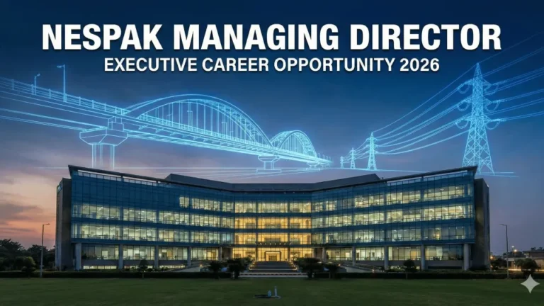 Cover image for the NESPAK Managing Director Job 2026 blog post, featuring a modern office building at dusk with a blueprint graphic of a bridge and power lines, and the text "NESPAK MANAGING DIRECTOR EXECUTIVE CAREER OPPORTUNITY 2026".