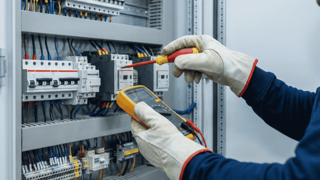 a technician troubleshooting an electrical panel.