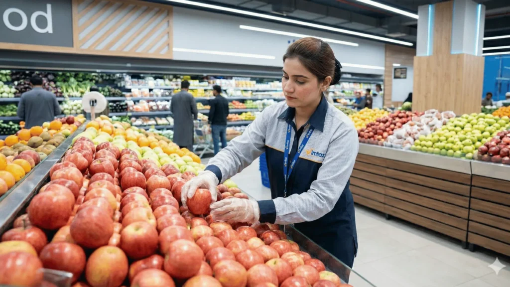A female sales staff member wearing an Imtiaz uniform neatly arranging fresh red apples in the produce section of the store.