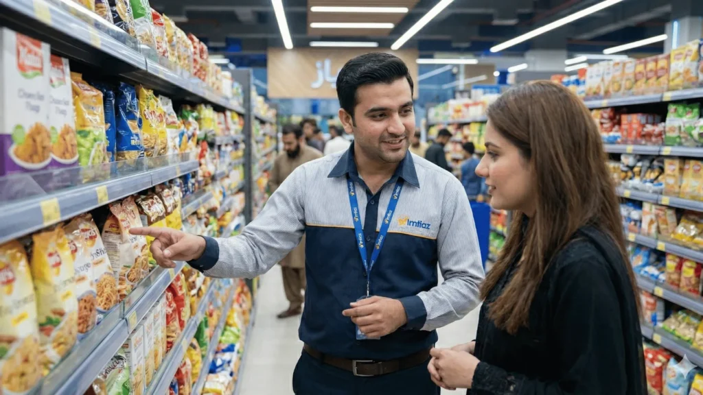 A male sales assistant at Imtiaz helping a customer locate items on a grocery shelf, demonstrating customer service skills.