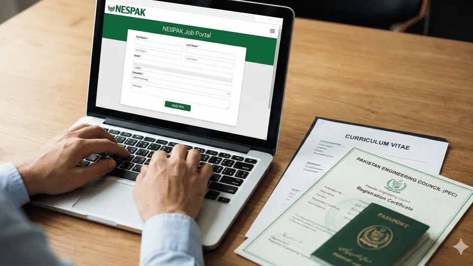 A person applying for the NESPAK job online on a laptop, with a "NESPAK Job Portal" on the screen and required documents like a CV, PEC registration certificate, and passport on the desk.