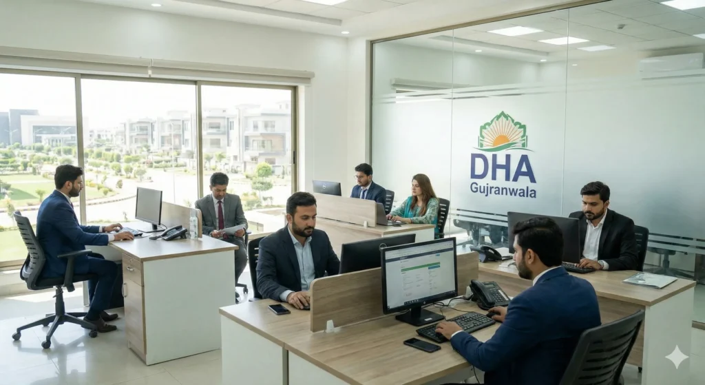 Modern office interior at DHA Gujranwala showing professionals working at desks with the official DHA logo displayed on the glass wall.
