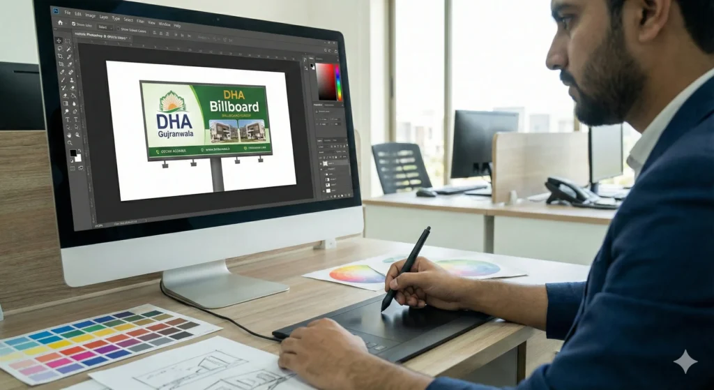 A graphic designer using Adobe Photoshop and Illustrator on a desktop computer to create a marketing billboard for Defence Housing Authority DHA Gujranwala.