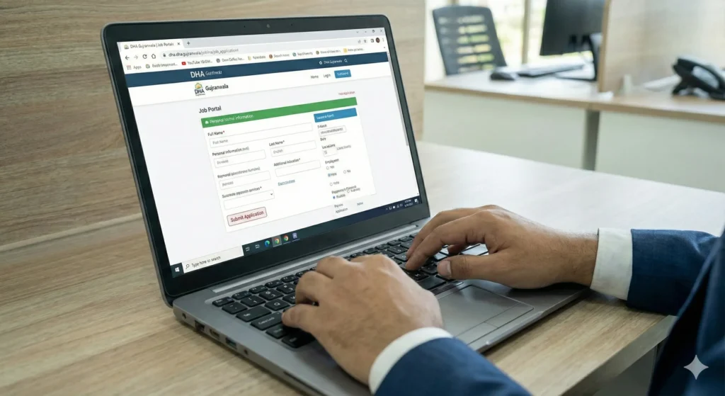 Close-up of a candidate's hands typing on a laptop to submit an online job application form for DHA Gujranwala jobs 2026.