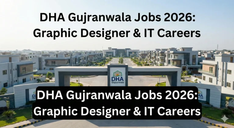 DHA Gujranwala Jobs 2026 cover image featuring the modern DHA entrance gate and text announcing Graphic Designer and IT career opportunities.