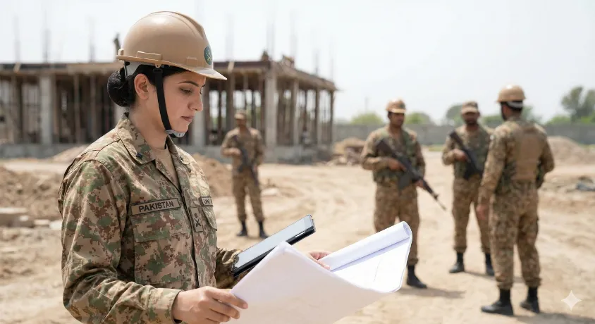 Female Pakistan Army engineer officer reviewing blueprints at a construction site, representing technical Captain roles through Lady Cadet Course.