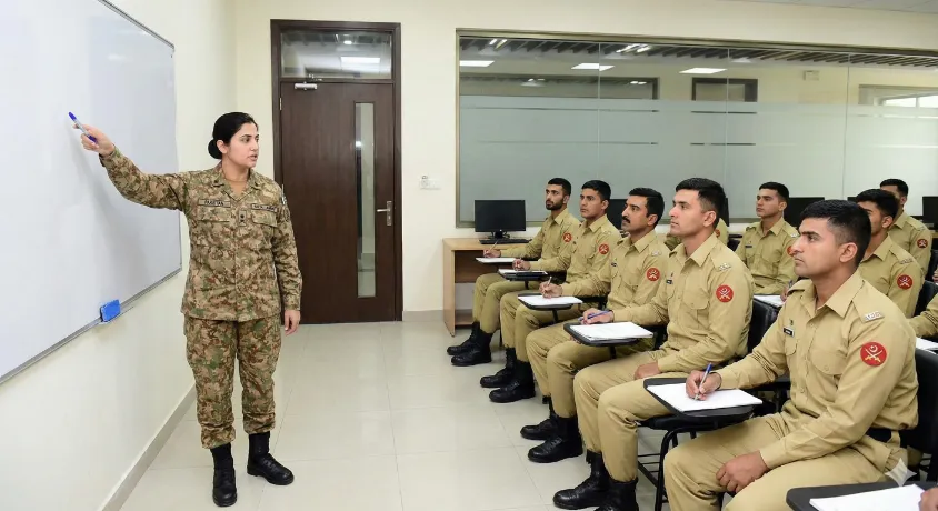 Female Captain of the Army Education Corps instructing male cadets in a classroom, showing academic roles available via LCC 28.
