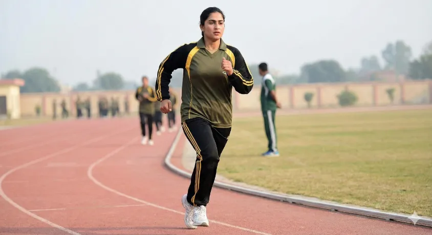 Female cadet running on a track during physical training, illustrating fitness requirements for Pakistan Army Lady Cadet Course selection.