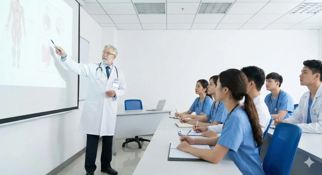 A senior doctor in a white coat lecturing a group of attentive medical students in a hospital seminar room, pointing at medical diagrams on a projection screen, illustrating the academic responsibilities of the role.