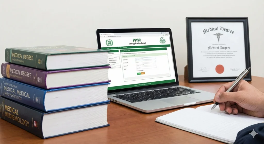 A desk setup depicting medical qualifications, featuring a stack of thick medical textbooks, a framed medical degree certificate, and a laptop open to the official PPSC online job application portal.