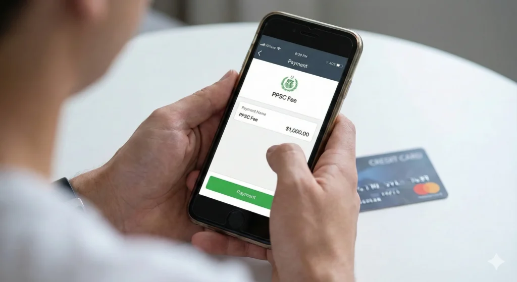 Close-up view of hands holding a smartphone, displaying a mobile banking app screen for paying the "PPSC Fee" of $1000, with a credit card visible in the blurred background, representing the online application fee payment step.