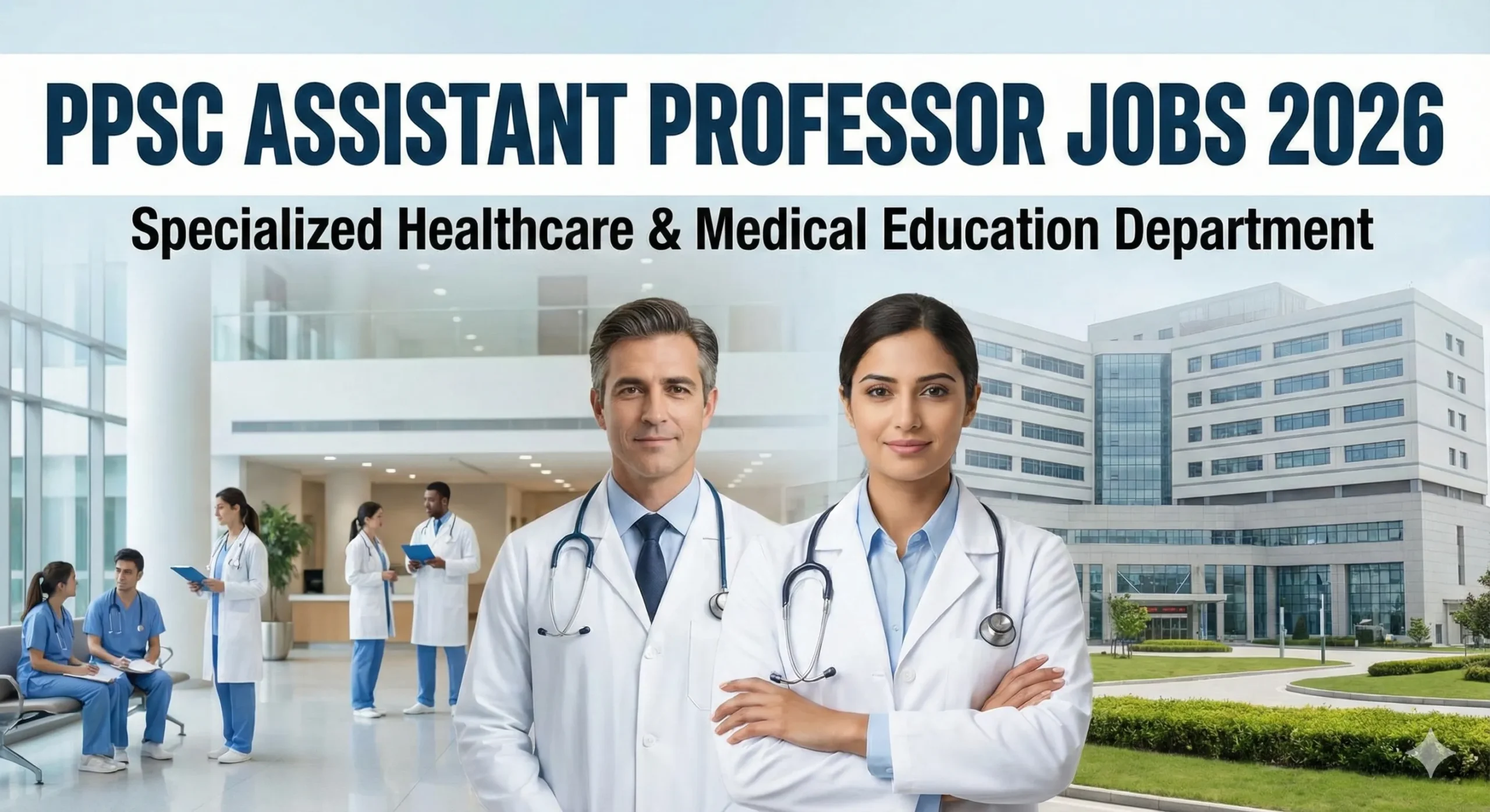 Banner image for PPSC Assistant Professor Jobs 2026. Features a male and female doctor in white coats standing in front of a modern hospital building. Bold text overlay reads "PPSC ASSISTANT PROFESSOR JOBS 2026" and "Specialized Healthcare & Medical Education Department.