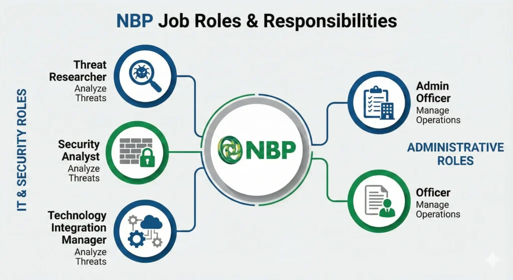 Infographic displaying NBP job roles and responsibilities including Threat Researcher, Security Analyst, Technology Integration Manager, and Admin Officer vacancies.