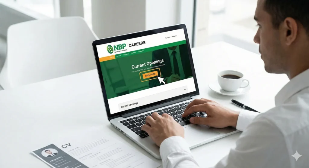 Candidate applying online for National Bank of Pakistan jobs on a laptop screen showing the official NBP Careers portal with a CV resume on the desk.