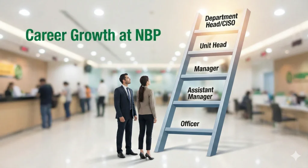 Career growth ladder at National Bank of Pakistan showing promotion steps from Officer to Department Head and CISO in a modern banking office setting.