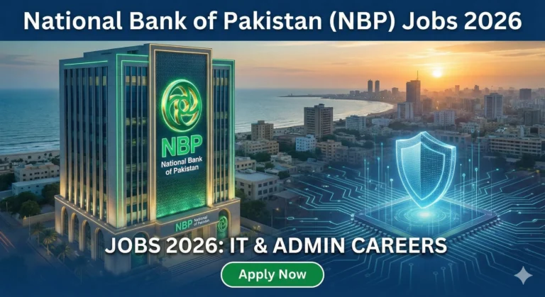 National Bank of Pakistan NBP building in Karachi with digital security shield overlay, featuring text National Bank of Pakistan Jobs 2026 IT & Admin Careers Apply Now.