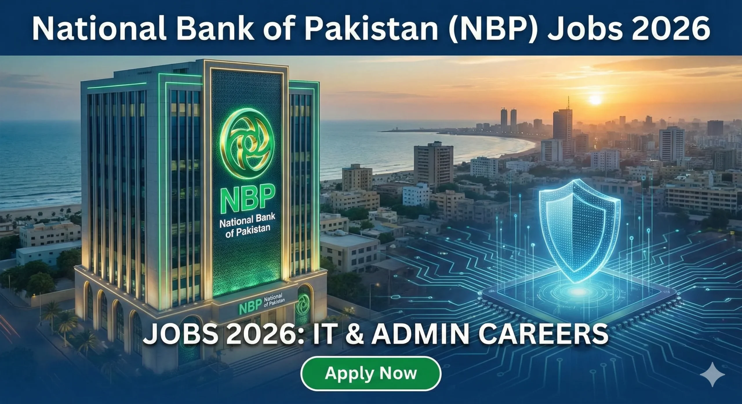 National Bank of Pakistan NBP building in Karachi with digital security shield overlay, featuring text National Bank of Pakistan Jobs 2026 IT & Admin Careers Apply Now.