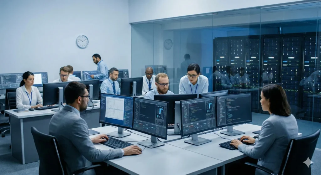 A wide-angle view of a busy, modern IT operations center with several IT professionals, both men and women, working on computers with multiple screens, and a server room visible through a glass wall in the background.