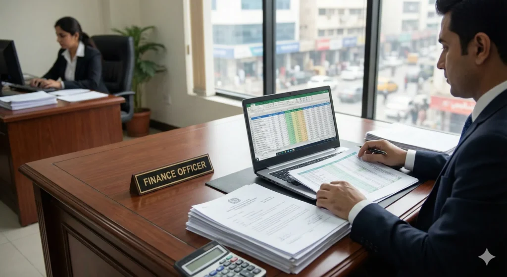 A man in a suit sitting at a desk with a nameplate that reads "FINANCE OFFICER", reviewing financial spreadsheets on a laptop and a stack of documents, with another person visible in the background of a well-lit office.