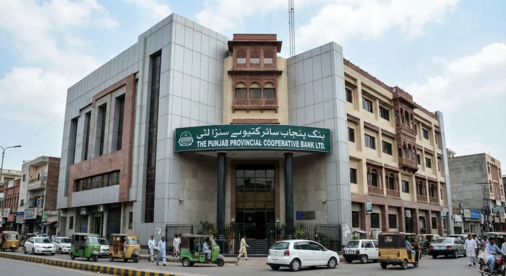 Exterior view of The Punjab Provincial Cooperative Bank Ltd (PPCBL) building in Lahore, with local traffic and the bank's name prominently displayed on a green sign.