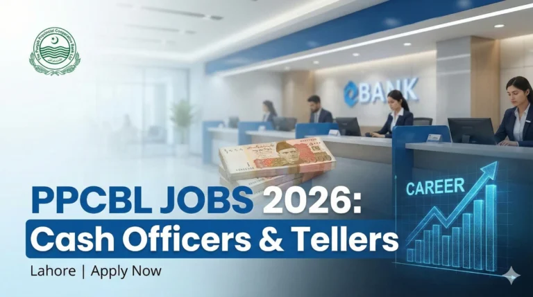 PPCBL Jobs 2026 advertisement cover image showing Cash Officer and Teller openings in Lahore, featuring the bank logo, Pakistani currency, and a rising career graph.
