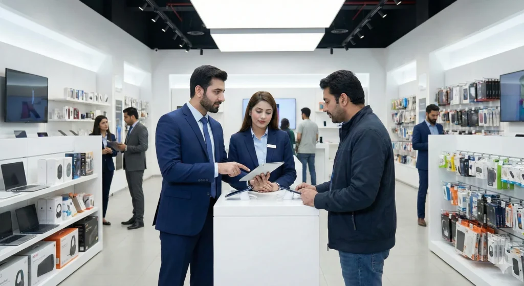 Sales staff member demonstrating a product on a tablet to customers in a modern retail store in Peshawar.