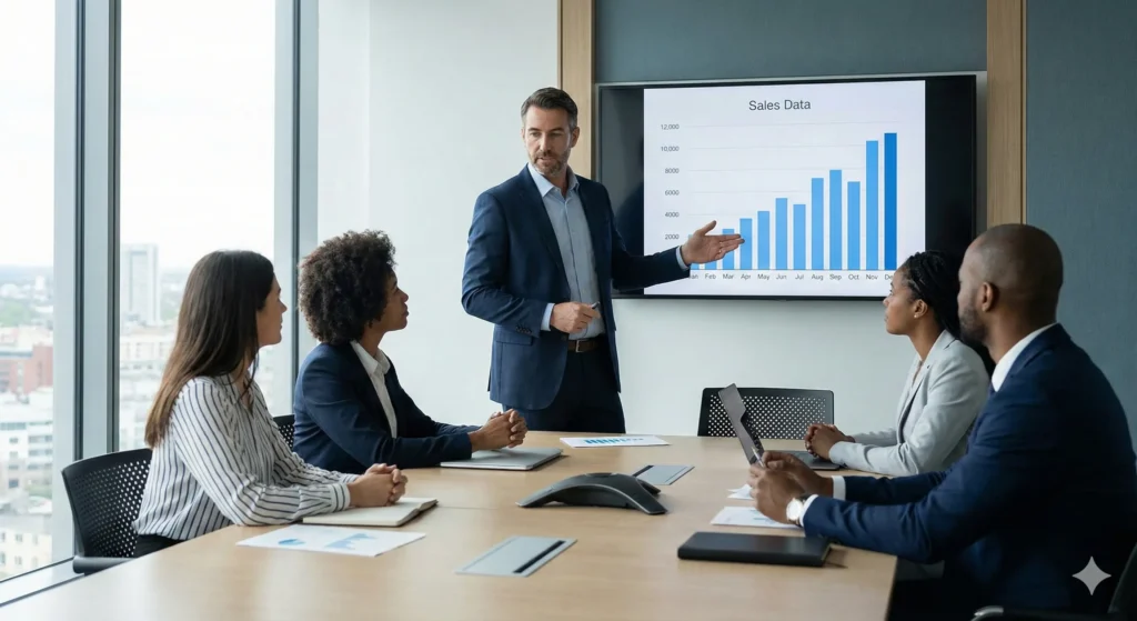 Management staff leader presenting sales data charts to a team during a corporate strategy meeting.