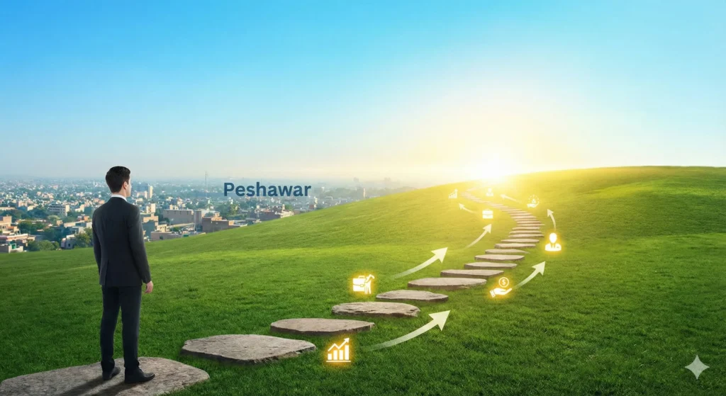 Professional looking at a symbolic career path with business icons leading towards the Peshawar city skyline.