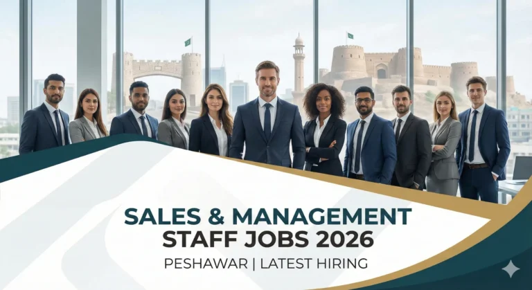 Group of professional sales and management staff standing in Peshawar with text overlay Sales and Management Staff Jobs 2026.