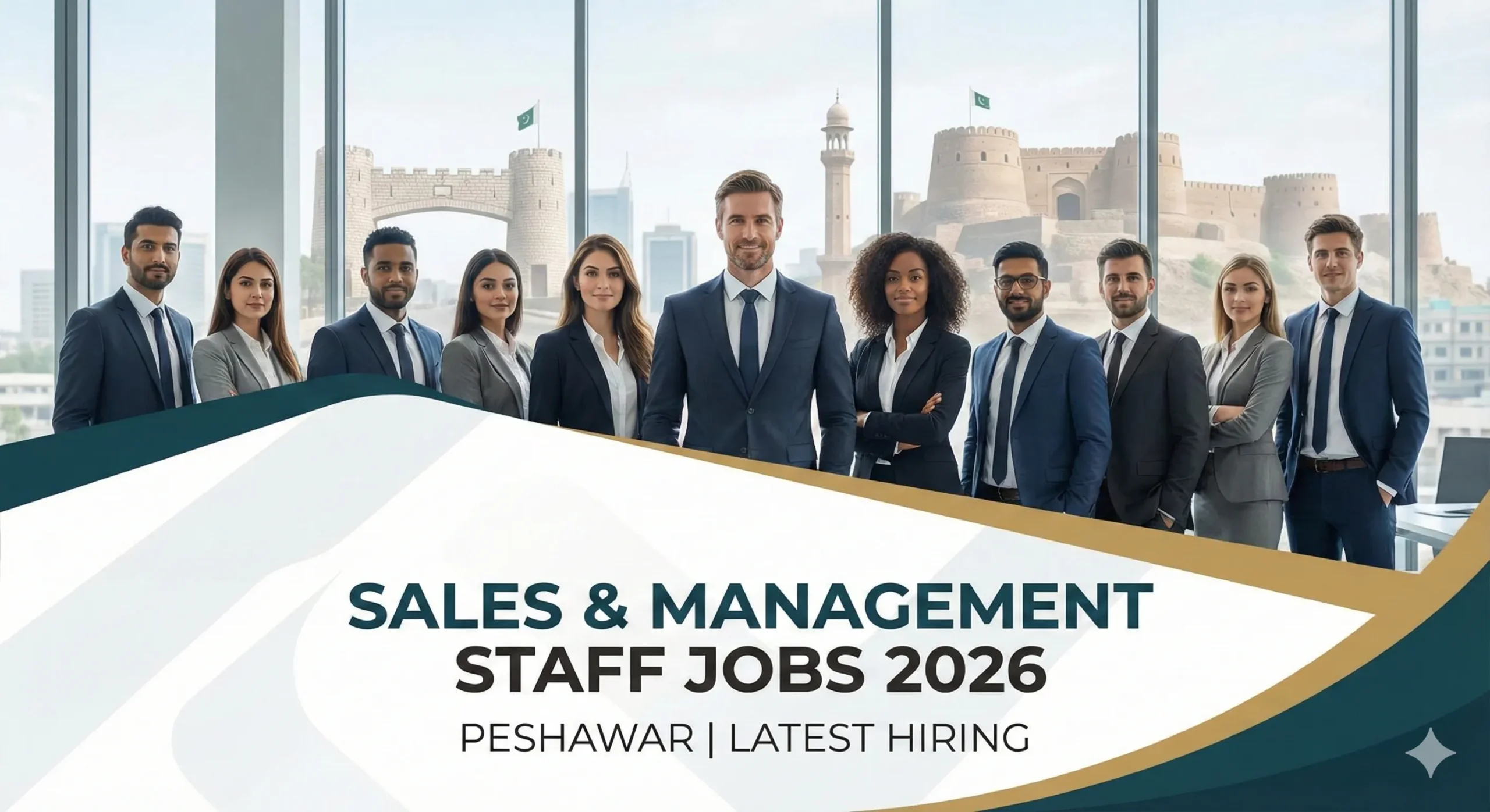 Group of professional sales and management staff standing in Peshawar with text overlay Sales and Management Staff Jobs 2026.