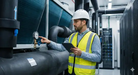 A Data Center Facility Engineer in safety gear performing maintenance and inspection of cooling infrastructure, representing key responsibilities for NADRA engineering jobs.