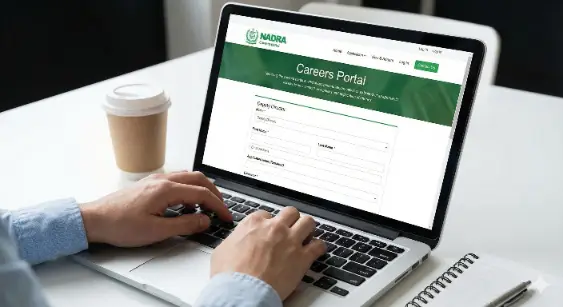 alt="Close-up of a candidate using a laptop to submit an online application via the official NADRA Careers Portal for the Deputy Director position in 2026."