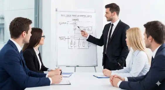 alt="A candidate giving a technical presentation on data center power distribution during a job interview, illustrating the selection process for senior engineering roles at NADRA."