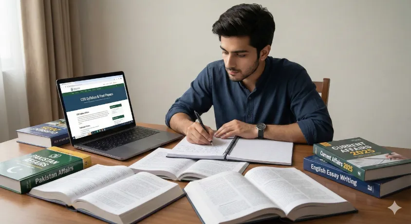 A focused student preparing for the CSS Competitive Examination 2026 using study books and the official FPSC website on a laptop.