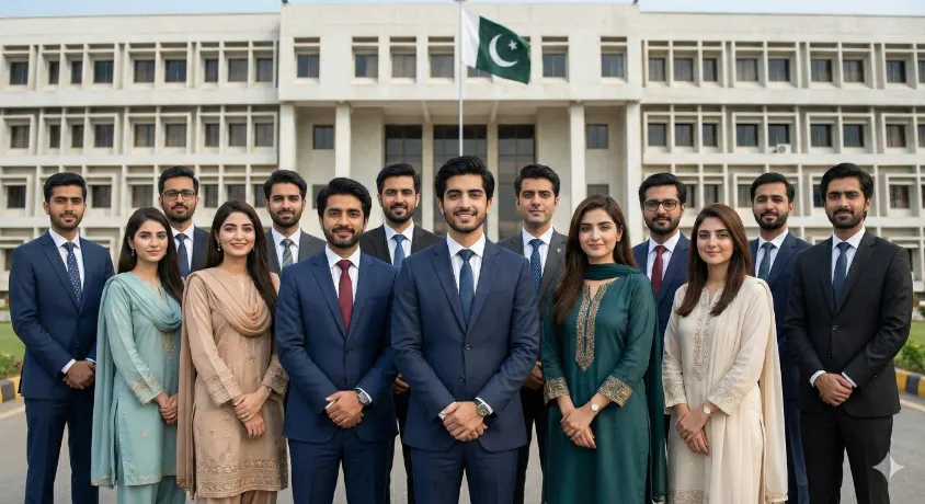 A group of successful, professionally dressed Civil Service of Pakistan (CSP) officers standing in front of a government building with the Pakistani flag.