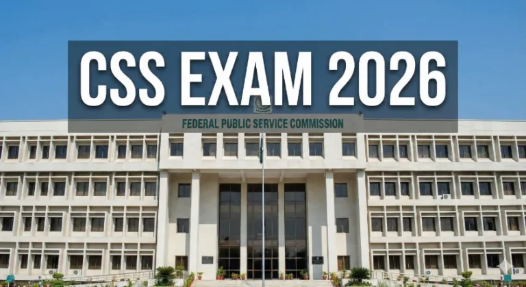 Front view of the Federal Public Service Commission (FPSC) headquarters in Islamabad with a text overlay reading CSS Exam 2026.