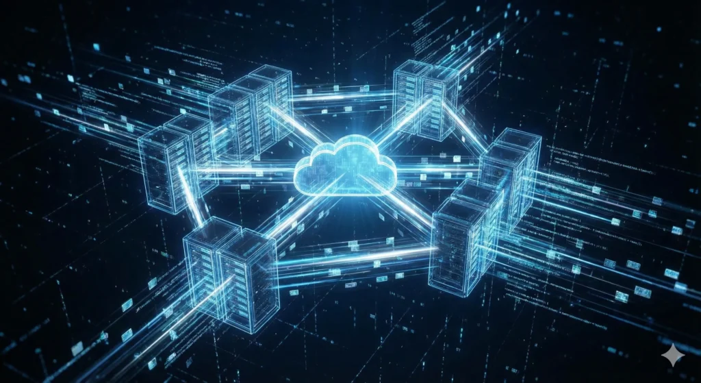 Futuristic visualization of scalable cloud computing infrastructure and interconnected server racks for tech startups.