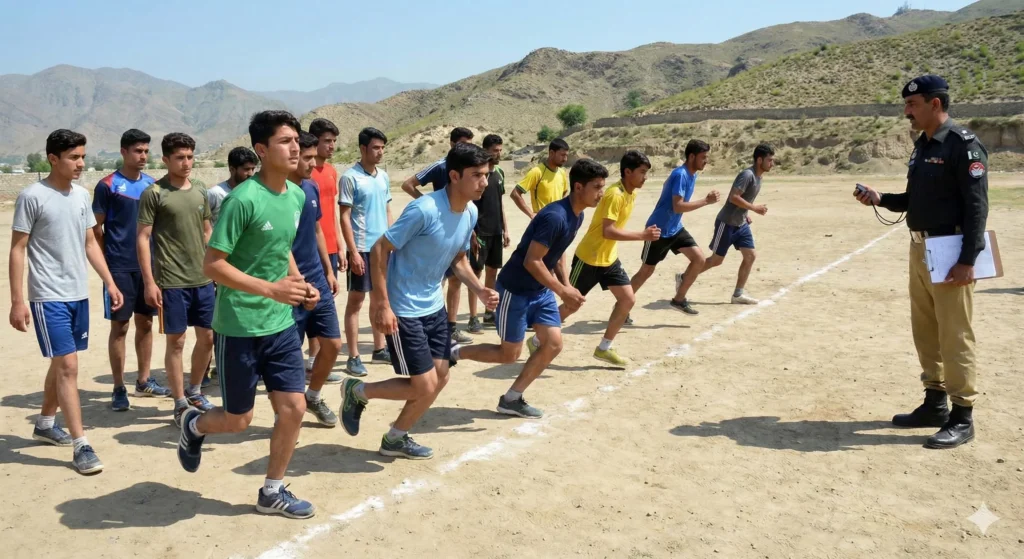 Candidates participating in the 1-mile running physical endurance test for KPK Police Constable recruitment monitored by an officer