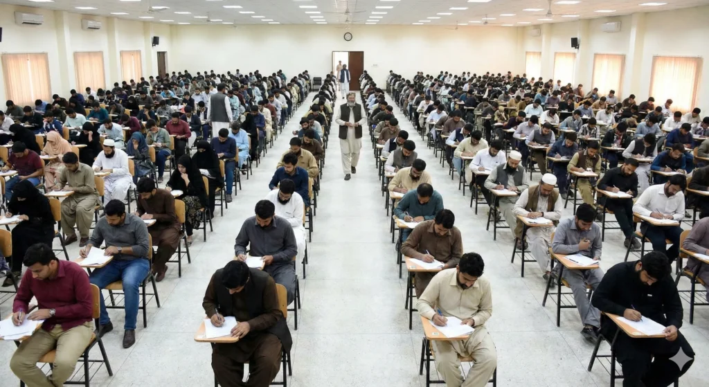 Candidates sitting in an examination hall taking the ETEA written screening test for Khyber Pakhtunkhwa Police jobs