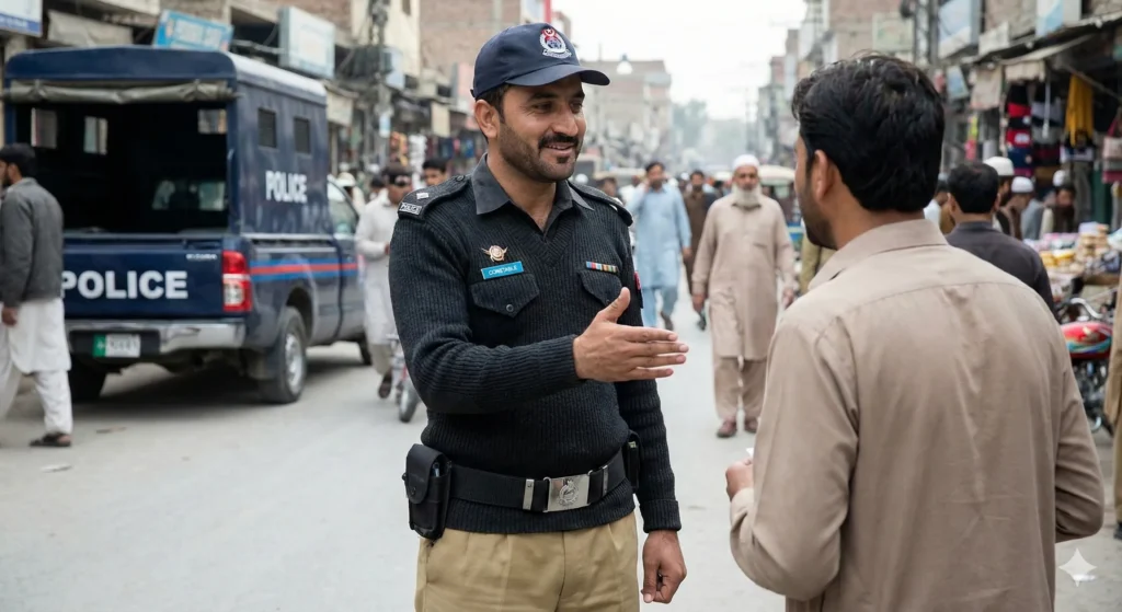 A uniformed KPK Police Constable interacting with a citizen in a local market demonstrating community policing duties