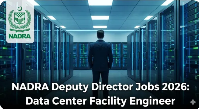 Cover image for NADRA Deputy Director Jobs 2026 showing a Data Center Facility Engineer standing inside a modern server room with the official NADRA logo.