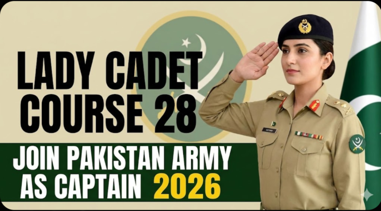 Female Captain saluting banner for Lady Cadet Course 28 Join Pakistan Army 2026 recruitment.