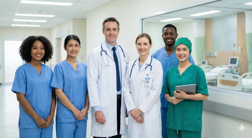 A diverse team of professional doctors and nurses standing in a modern hospital corridor, illustrating the medical staff vacancies at Indus Hospital