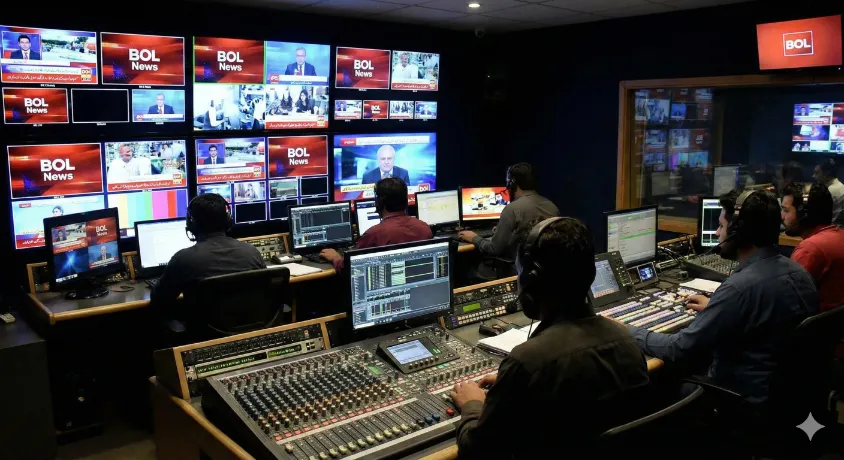 A bustling broadcast control room at BOL News, where technicians with headphones manage live transmissions using complex audio boards and video switchers, surrounded by a wall of monitors displaying various news feeds.