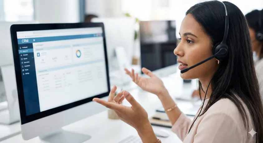 Female customer representative officer managing client interactions using CRM software in a busy call center environment.