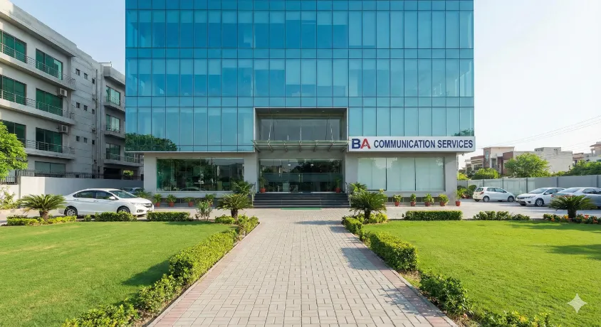 Exterior view of the modern BA Communication Services office building in Gulberg Lahore, where customer representative roles are based.