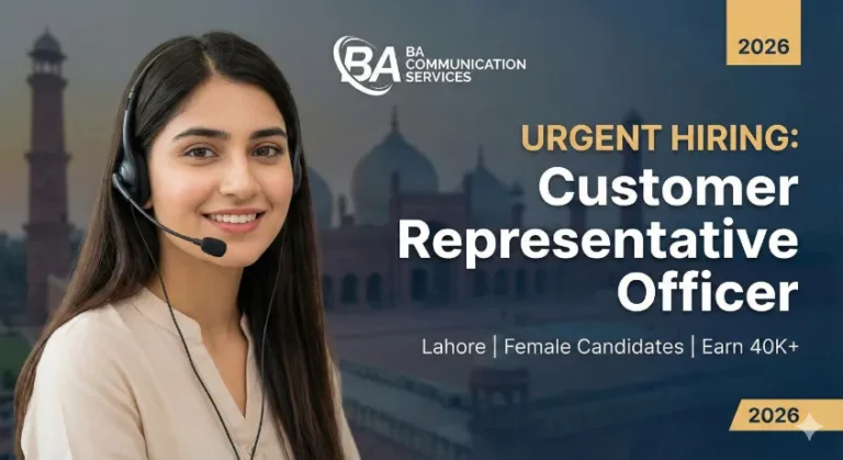 Urgent hiring banner for Customer Representative Officer jobs in Lahore 2026 at BA Communication Services featuring a female call center agent.