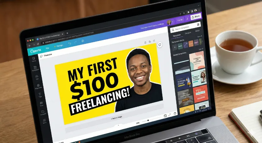 A laptop screen showing the Canva graphic design platform. The user is creating a YouTube thumbnail as an example of an easy freelance project for beginners to earn their first $100 online.
